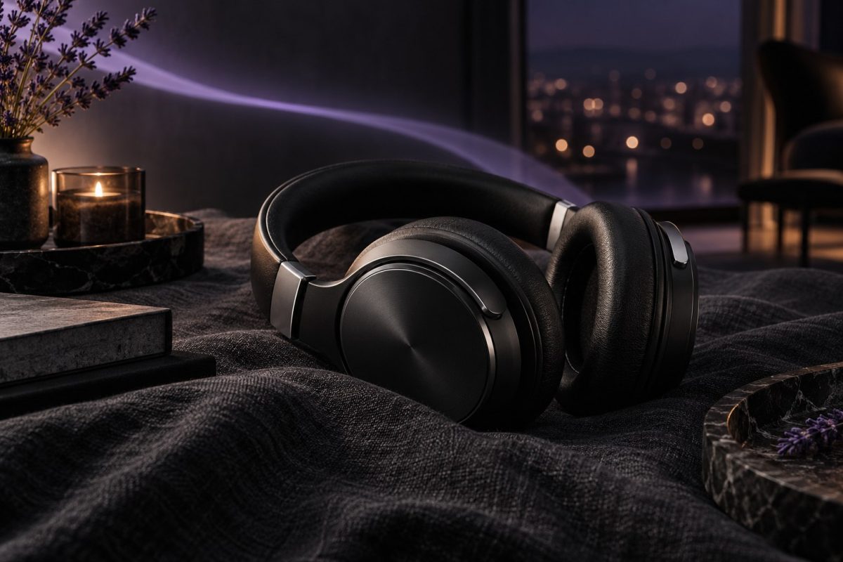 Black headphones on charcoal fabric in soft lavender light.