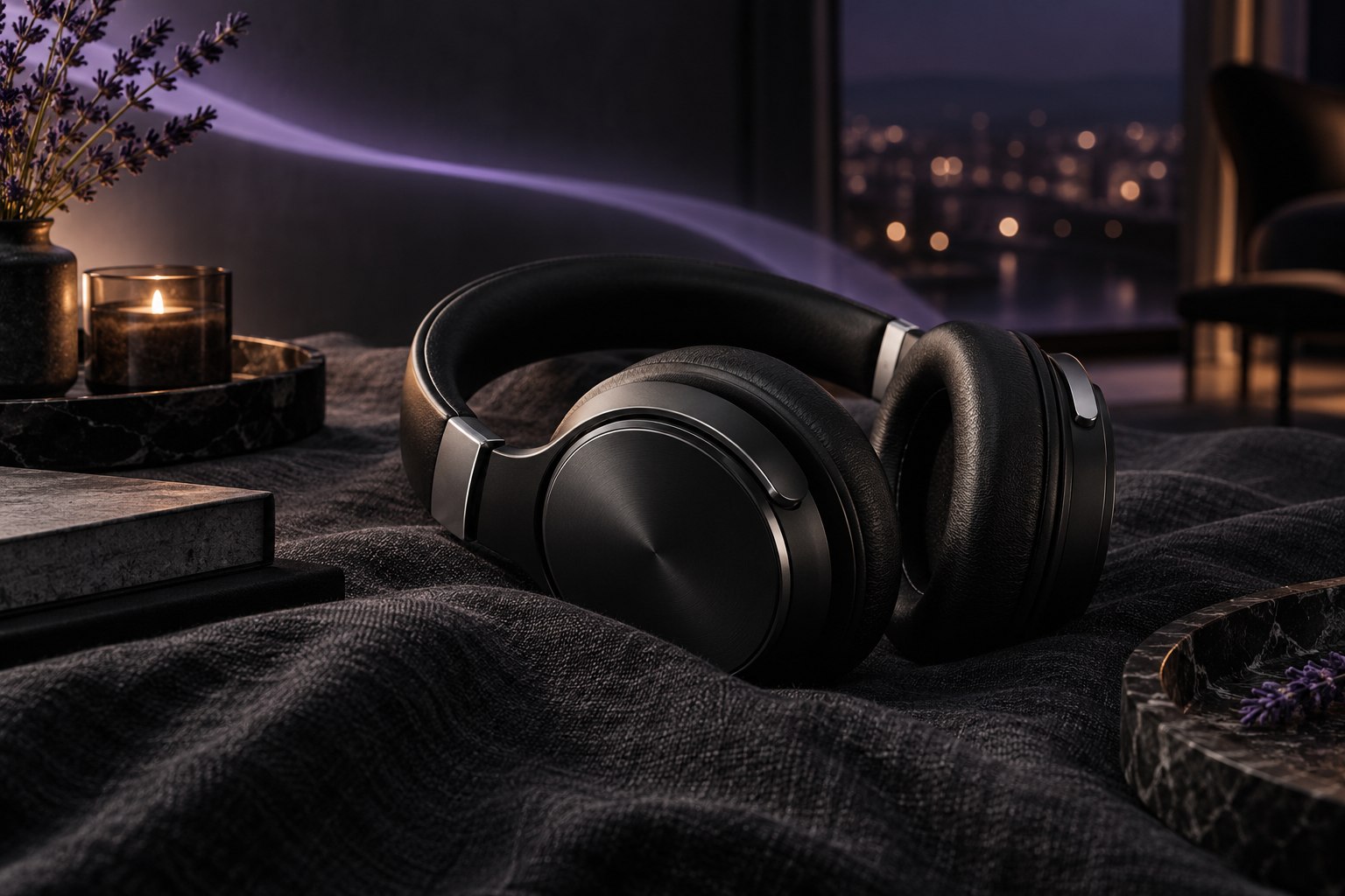 Black headphones on charcoal fabric in soft lavender light.