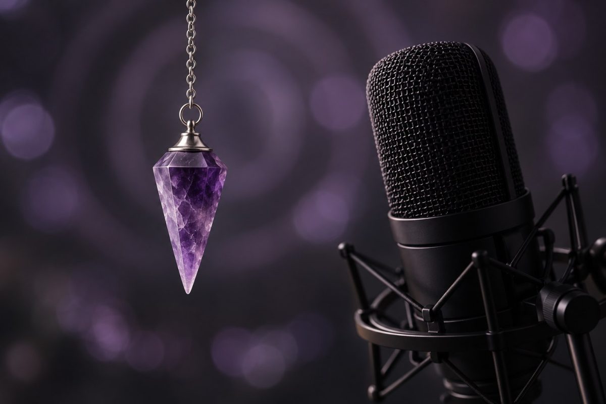 An amethyst pendulum beside a recording microphone.
