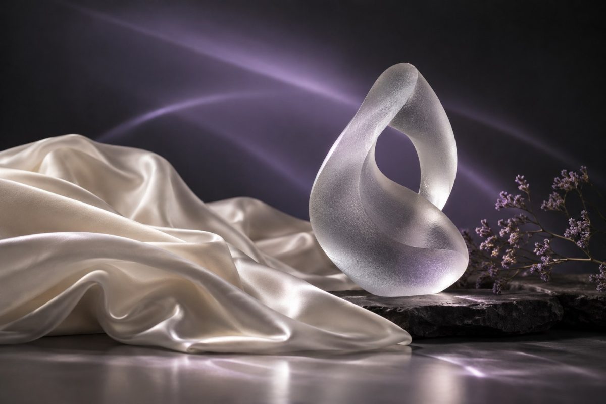 An abstract glass sculpture and ivory fabric in lavender light.