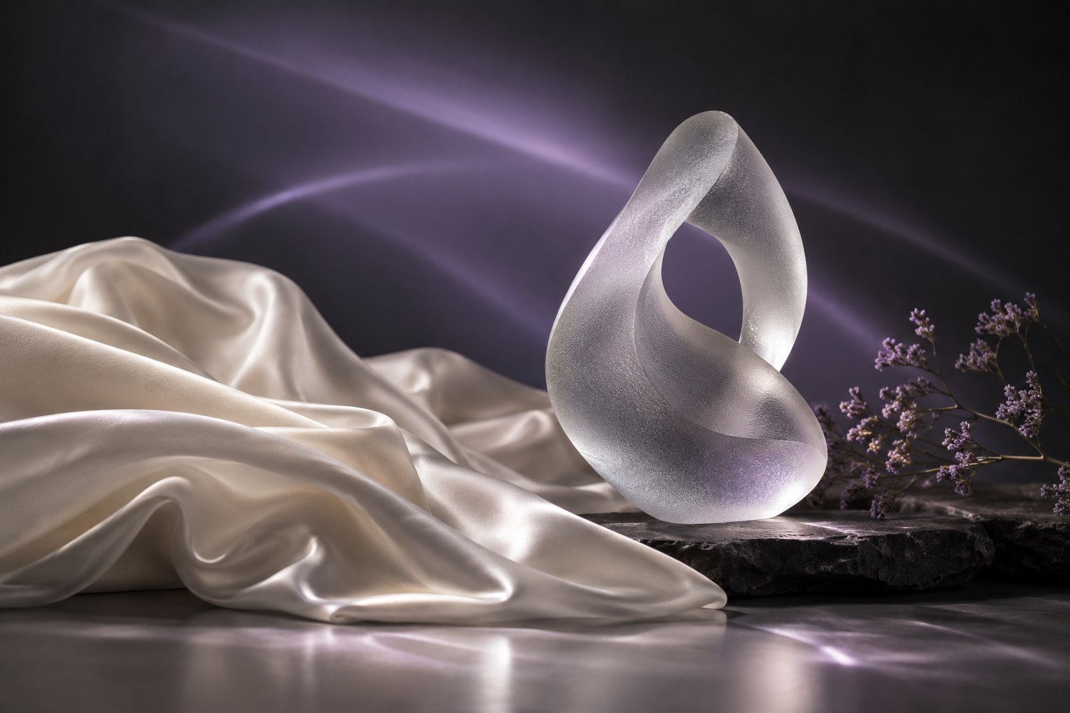 An abstract glass sculpture and ivory fabric in lavender light.